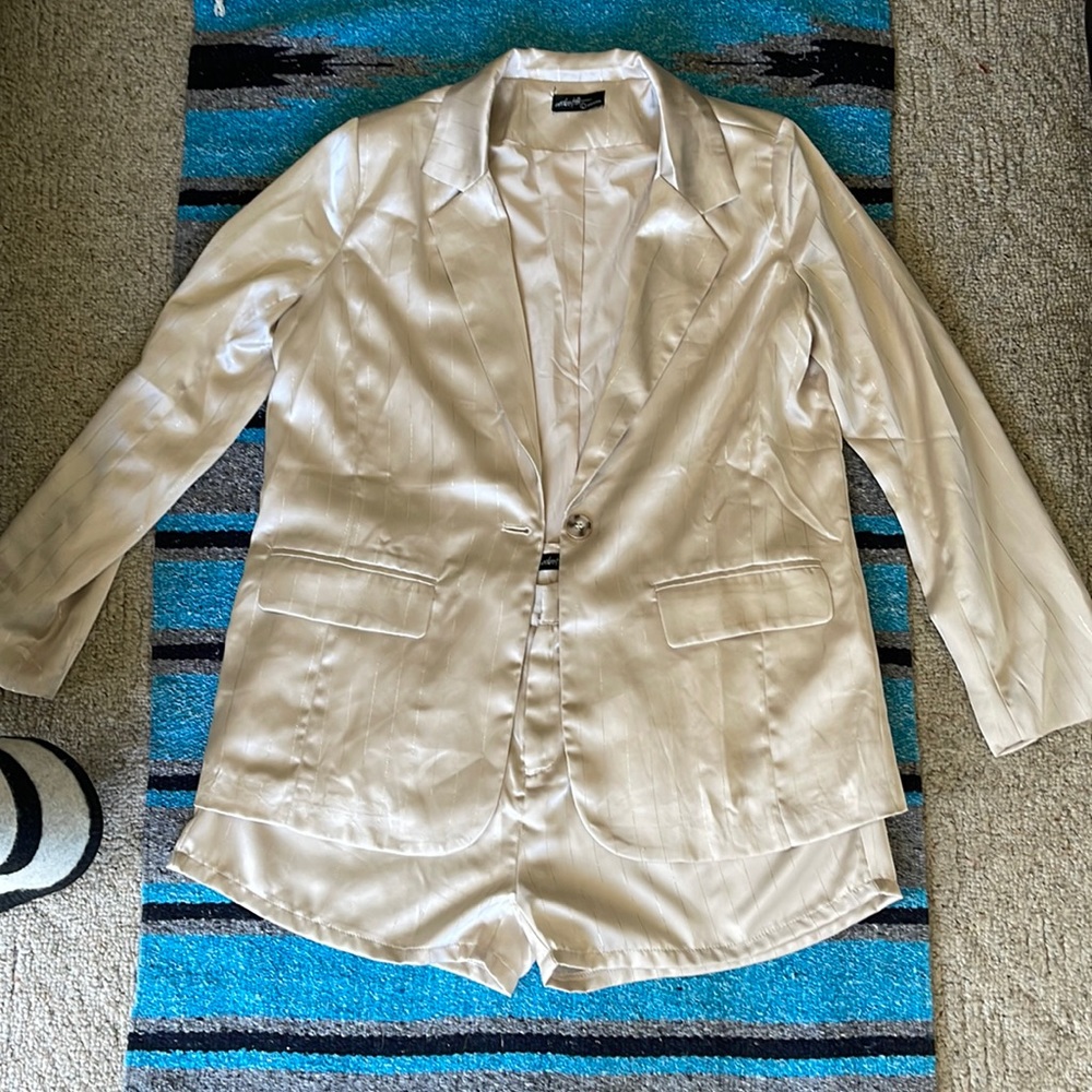Tan with gold stitching pant suit